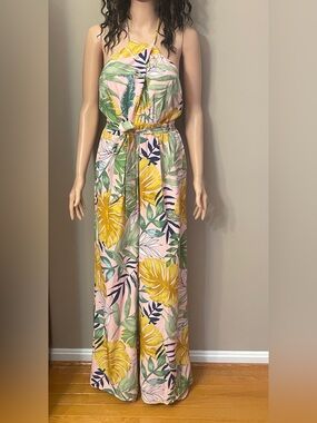 Women’s Pink Tropical Print Jumpsuit with Belt